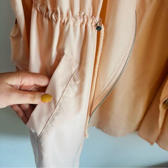F21 FOREVER 21 Peach Pink Offset Zipper Light Hooded Anorak Trench Coat Jacket L - Picture 6 of 11